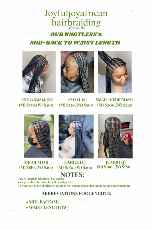 KNOTLESS BOX BRAIDS, HAIR IS INCLUDED ON THIS SERVICES. PROCESS TAKES 3 TO 6 HOURS DEPENDING ON SIZE & LENGTH.