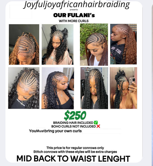 ANY PICTURE ON THIS FLYER IS $250, WITH BRAIDING HAIR INCLUDED. CURLY PIECES ARE NOT INCLUDED. PLS READ THE FLYER BEFORE BOOKING.