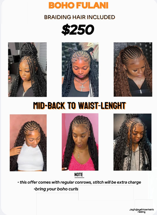 FULANI BOHO CORNROWS, CURLY PICTURES ARE NOT INCLUDED ON THE PRICE, YOU MUST BRING YOUR OWN CURLY PIECE.