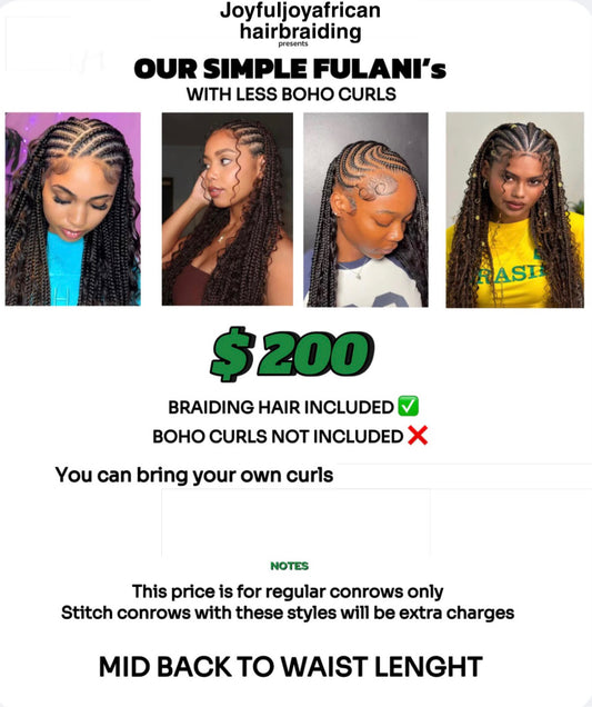 ANY PICTURE ON THIS FLYER IS $200, WITH BRAIDING HAIR INCLUDED. CURLY PIECE IS NOT INCLUDED . PLS READ THE FLYER BEFORE BOOKING.
